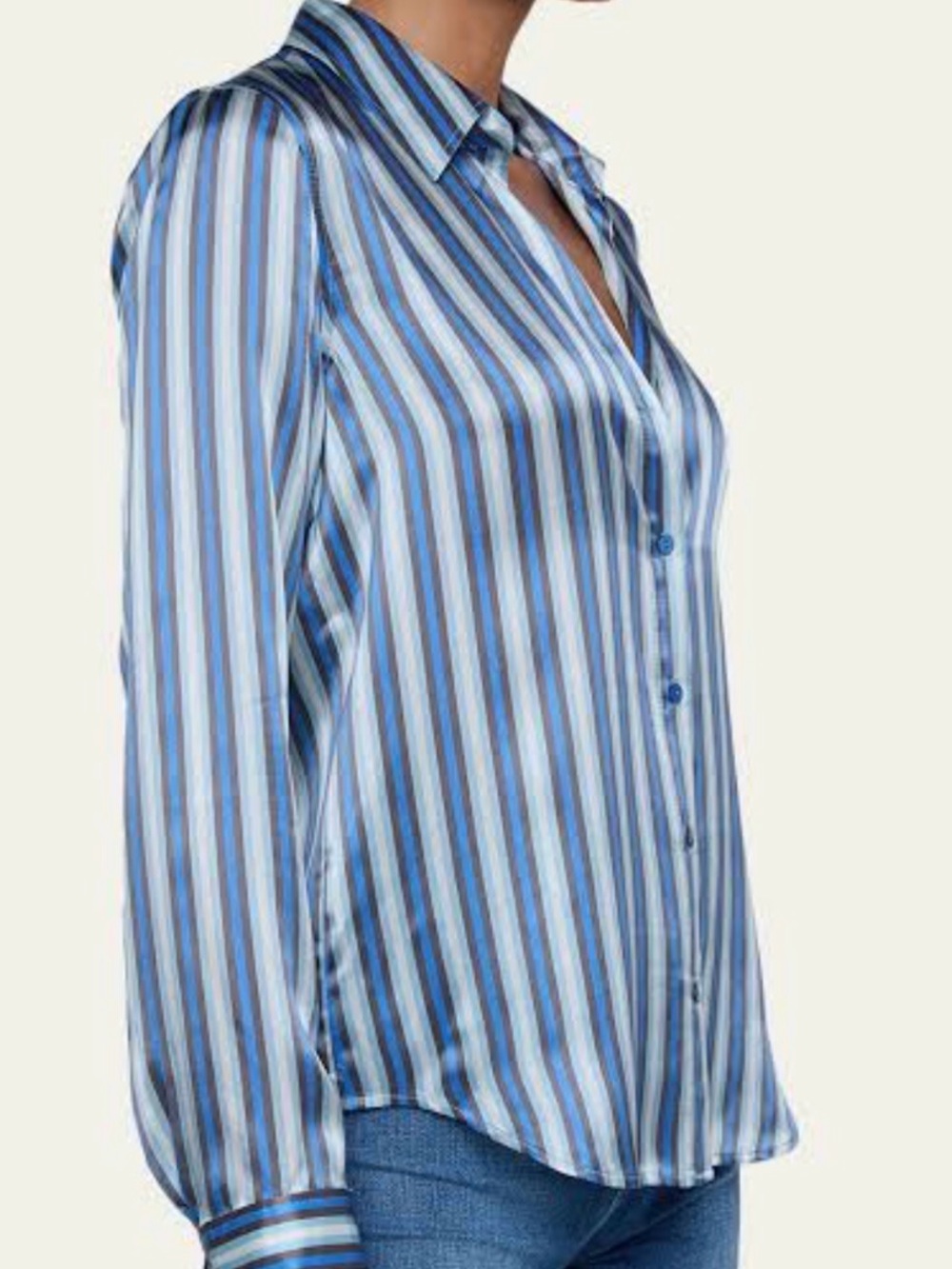 L'AGENCE Blue Multi-Stripe Satin Button-Front Blouse